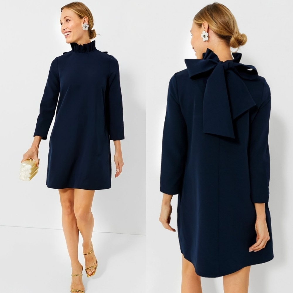 Tuckernuck Navy Ruffle-Neck Long-Sleeve Bow-Back Dress
